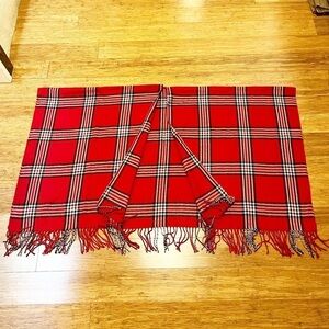 Oleg Cassini O.C. red white & black plaid long wrap blanket scarf w fringe 66"